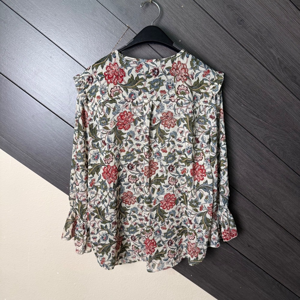 Democracy Women's Floral Button Up Peasant Blouse XL Boho Ruffle Bell Sleeve - Picture 5 of 7